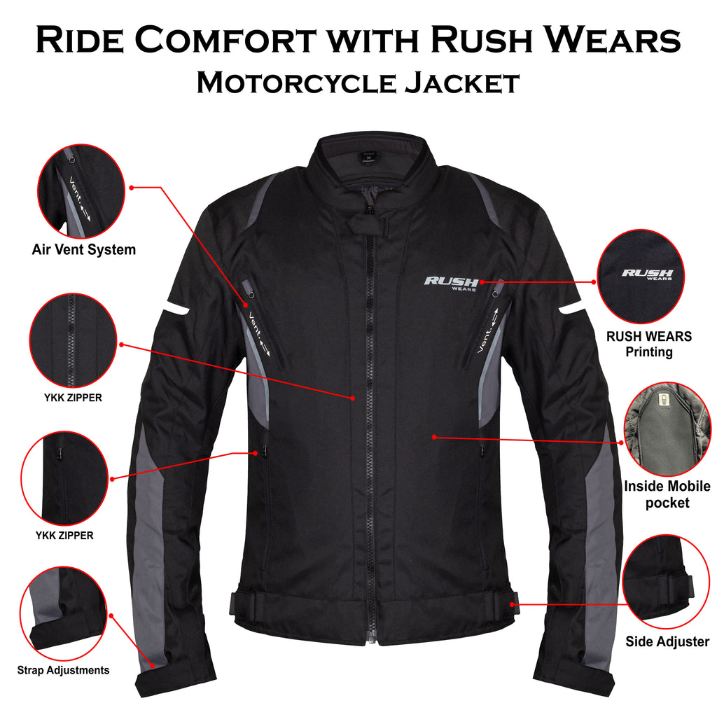 RUSH WEARS Men’s Motorcycle Riding Jacket – All-Season Waterproof Biker Jacket with CE Certified Armor for Ultimate Protection and Comfort– Available in Three Colors.