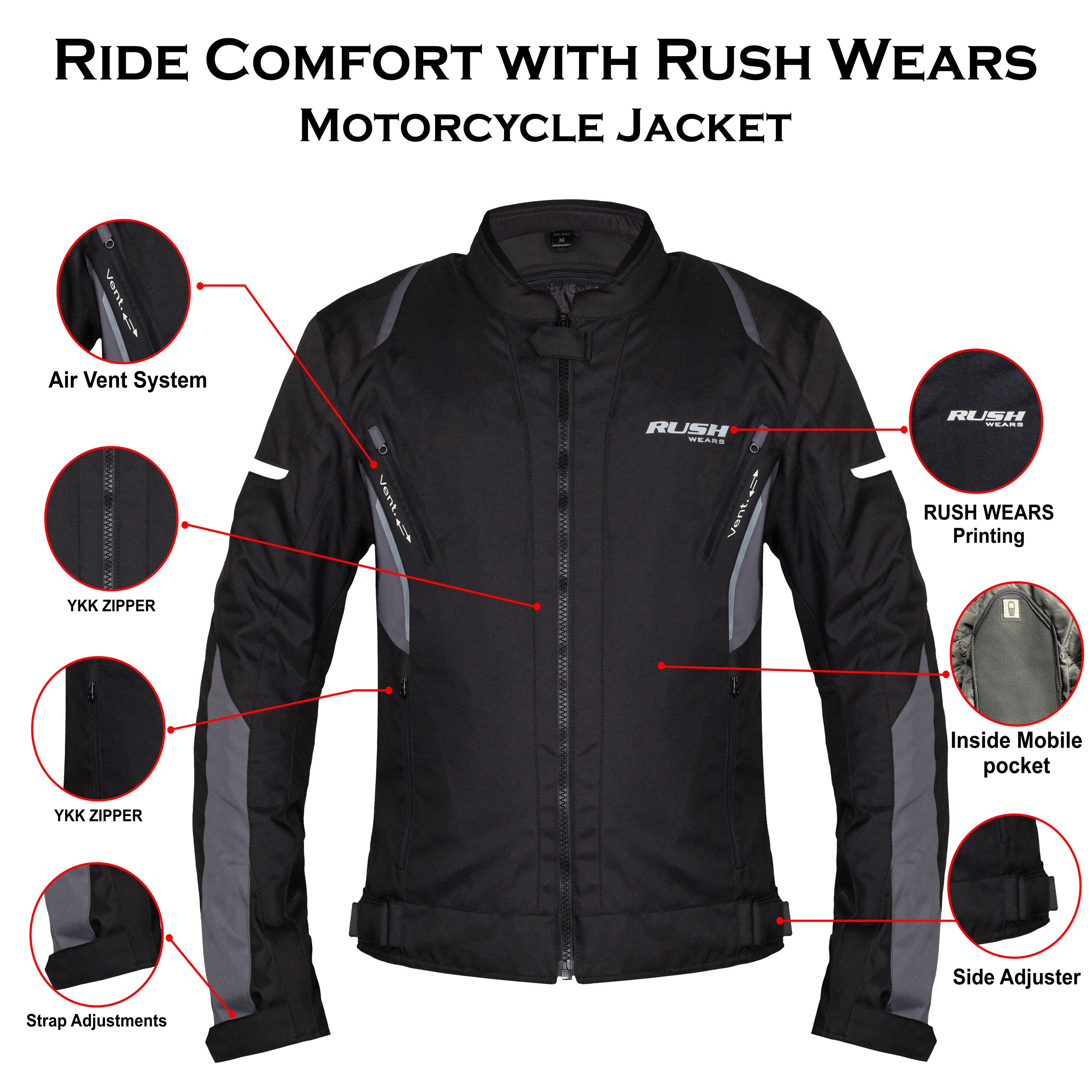 RUSH WEARS Men’s Motorcycle Riding Jacket – All-Season Waterproof Biker Jacket with CE Certified Armor for Ultimate Protection and Comfort– Available in Three Colors.