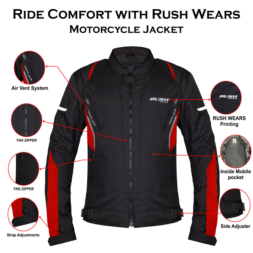 RUSH WEARS Men’s Motorcycle Riding Jacket – All-Season Waterproof Biker Jacket with CE Certified Armor for Ultimate Protection and Comfort– Available in Three Colors.