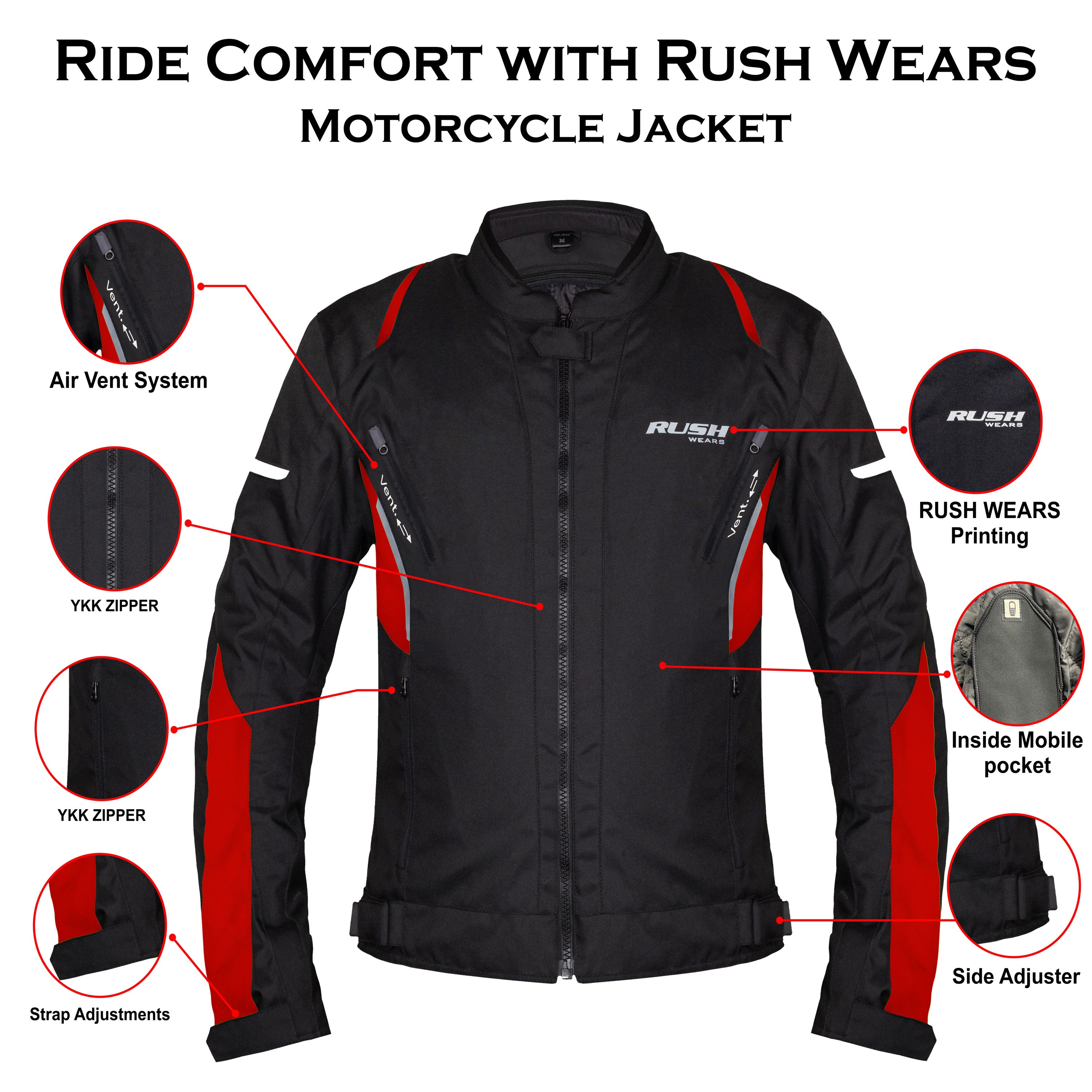 RUSH WEARS Men’s Motorcycle Riding Jacket – All-Season Waterproof Biker Jacket with CE Certified Armor for Ultimate Protection and Comfort– Available in Three Colors.
