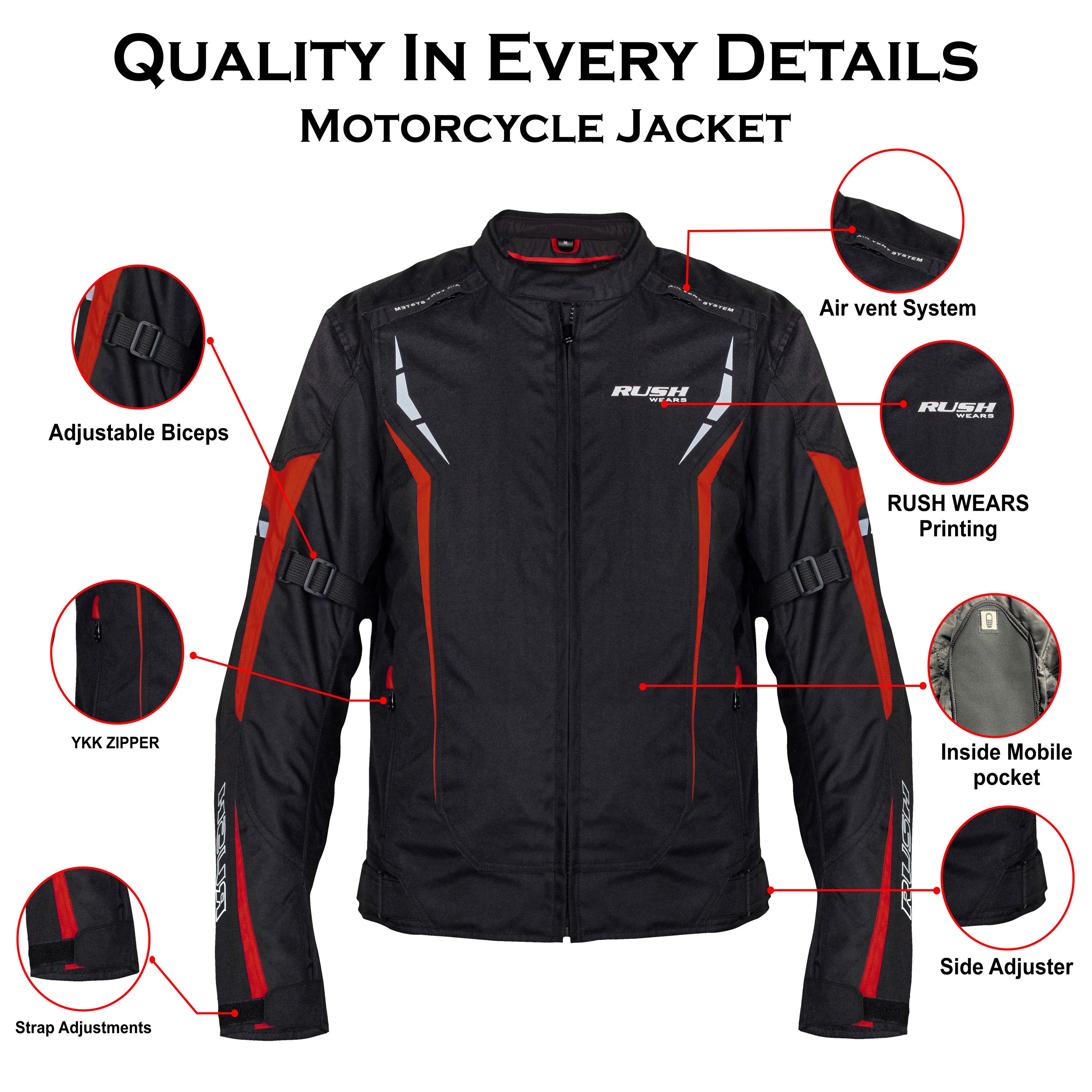 RUSH WEARS Men’s All-Season Premium Quality Waterproof Motorbike Jacket – Available in Three Colors