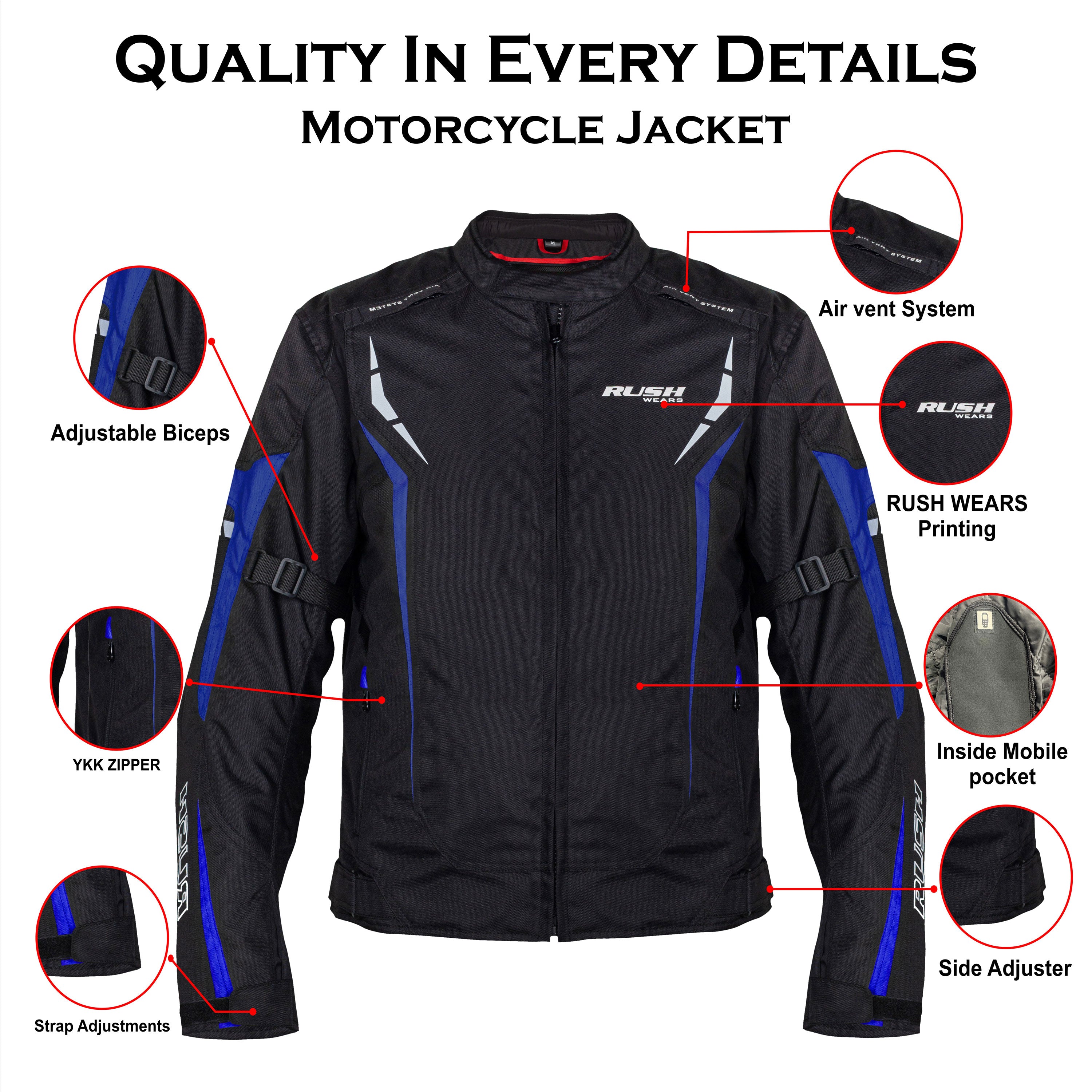 RUSH WEARS Men’s All-Season Premium Quality Waterproof Motorbike Jacket – Available in Three Colors