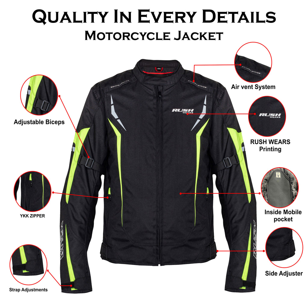 RUSH WEARS Men’s All-Season Premium Quality Waterproof Motorbike Jacket – Available in Three Colors